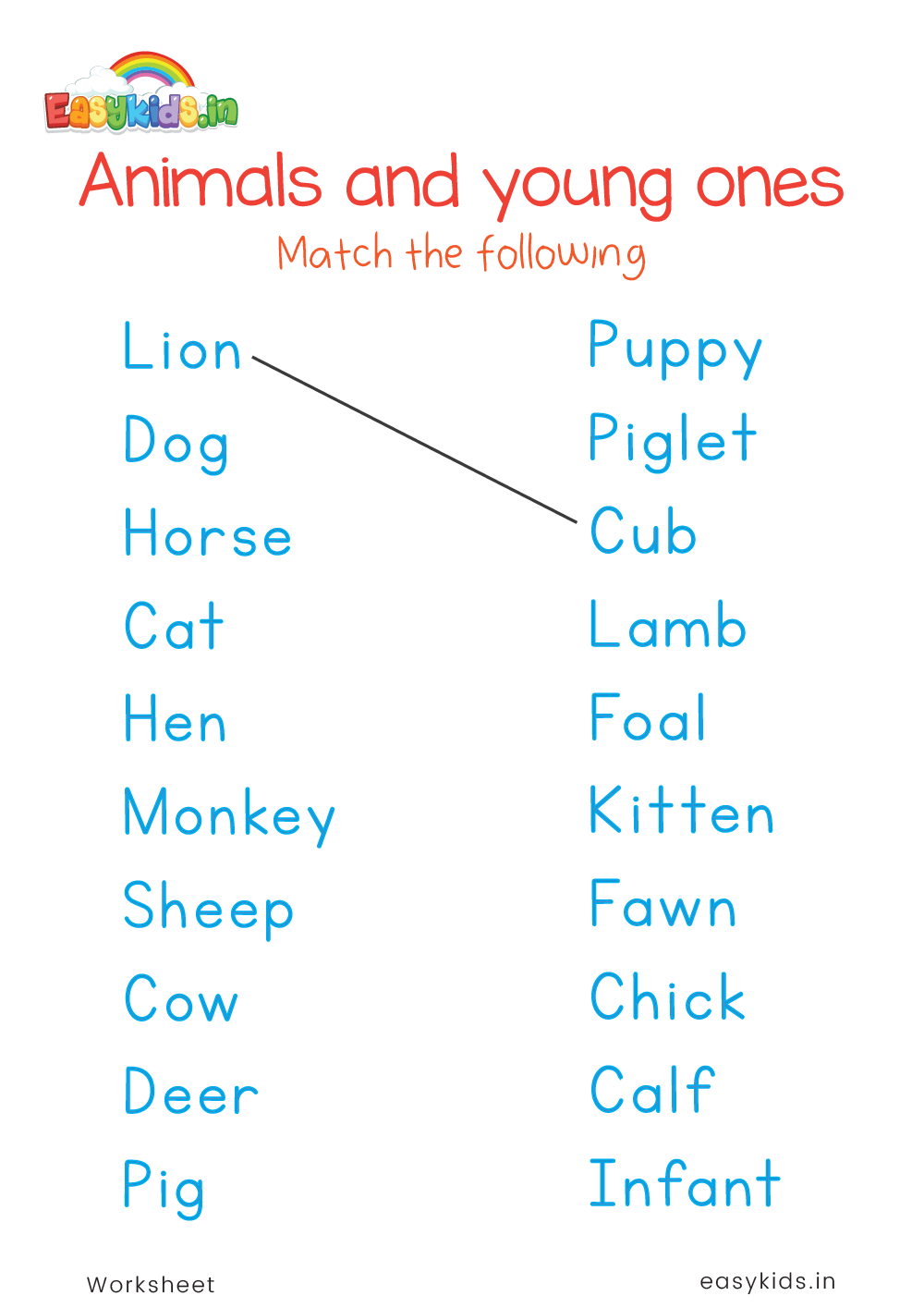 Animals and young ones worksheet