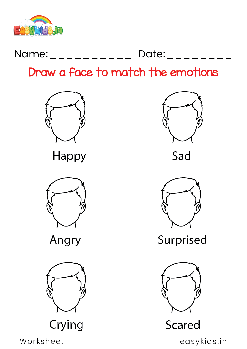 Draw a face to match the emotions worksheet - EasyKids.in