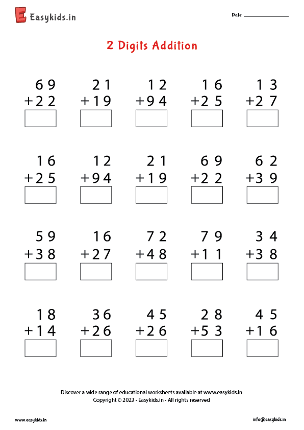 Addition worksheet for class 1