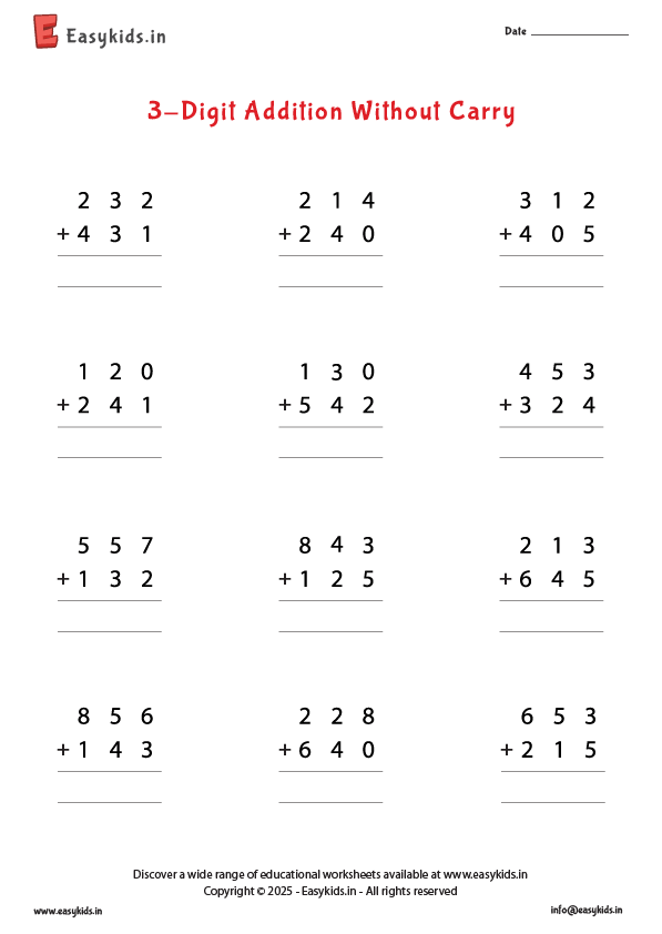 Addition of three digit numbers without regrouping - EasyKids.in