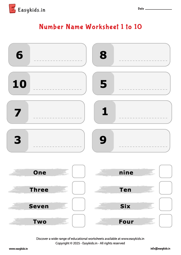 number name 1 to 10 worksheet