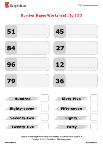 Number Name Worksheet 1 to 100
