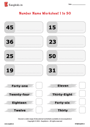 Number Name Worksheet 1 to 50