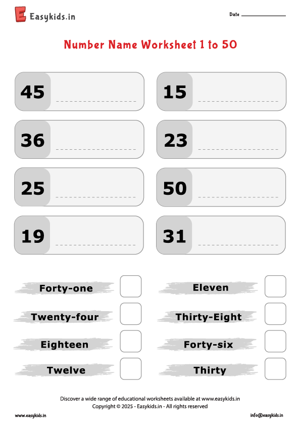 number name 1 to 50 worksheet