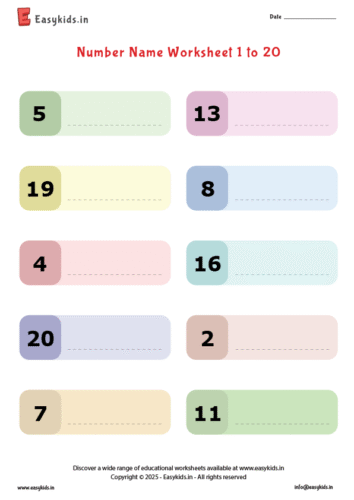 write number names 1 to 20 worksheet