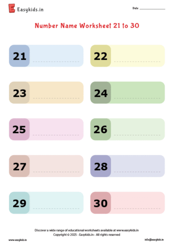 write number names 21 to 30 worksheet