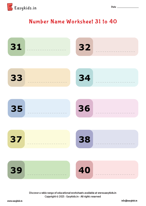 write number names 31 to 40 worksheet