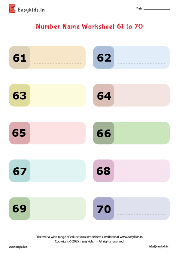 write number names 61 to 70 worksheet