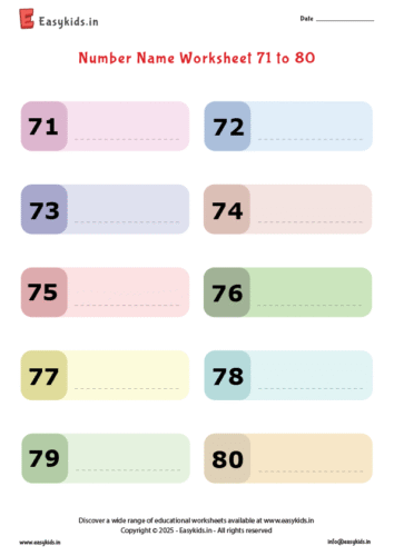write number names 71 to 80 worksheet