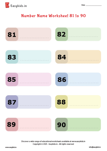 write number names 81 to 90 worksheet