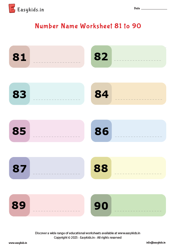 write number names 81 to 90 worksheet