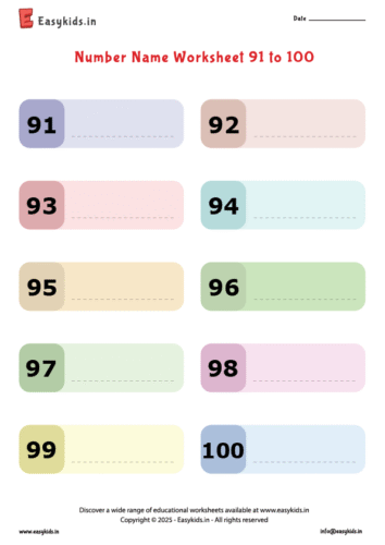 write number names 91 to 100 worksheet