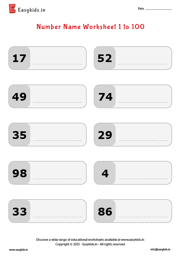 write number names worksheet 1 to 100