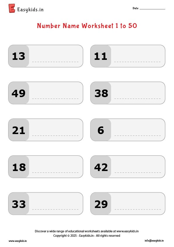 write number names worksheet 1 to 50