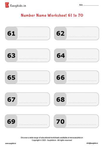 write number names worksheet 61 to 70