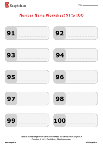 write number names worksheet 91 to 100