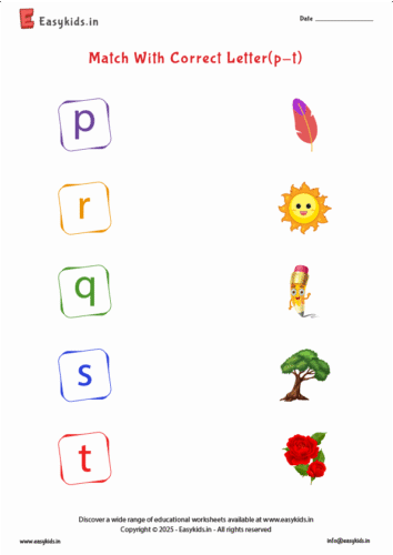small letter picture matching worksheets p to t