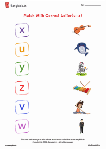 small letter picture matching worksheets u to z