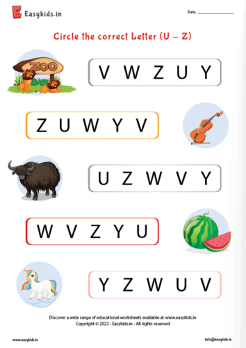 Circle the correct letter worksheet ( U – Z )