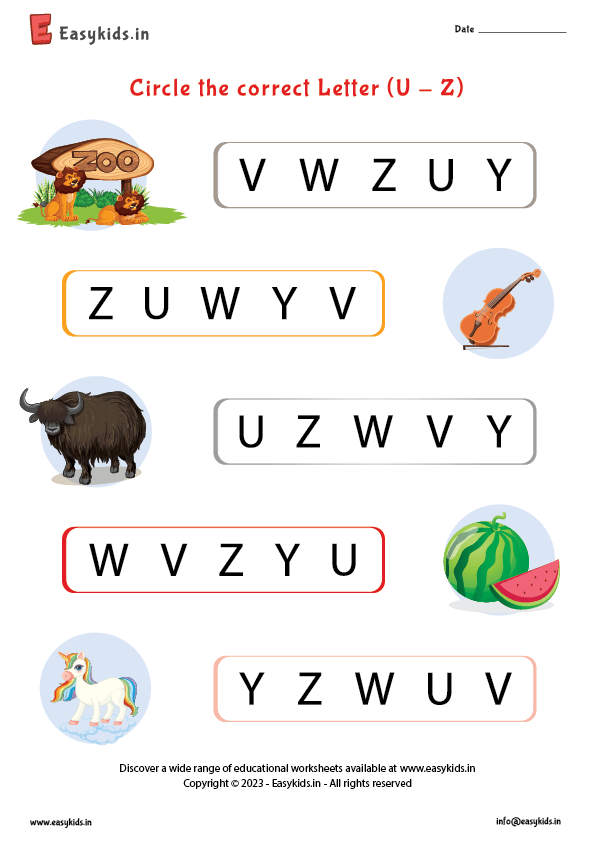 Circle the correct letter worksheet u - z