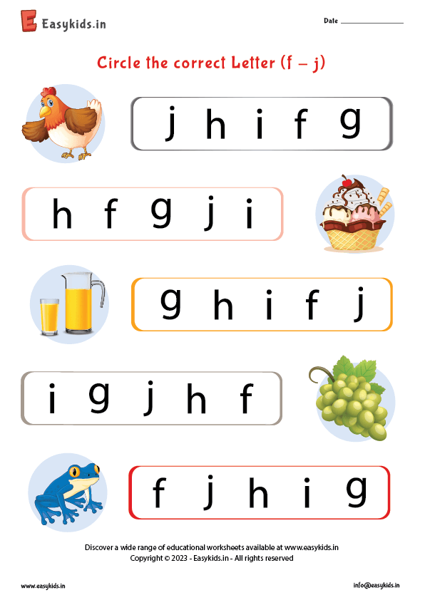 Circle the first letter of the picture worksheet f - j