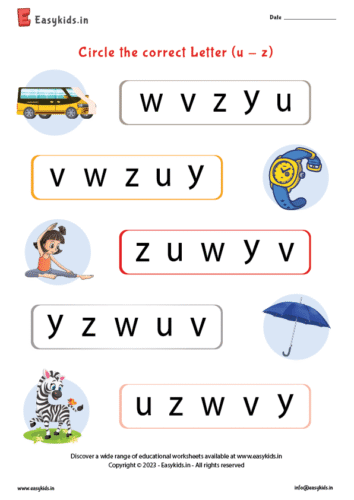 Circle the first letter of the picture worksheet ( u – z )