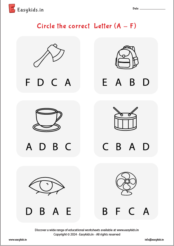 circle the alphabet worksheet A - F