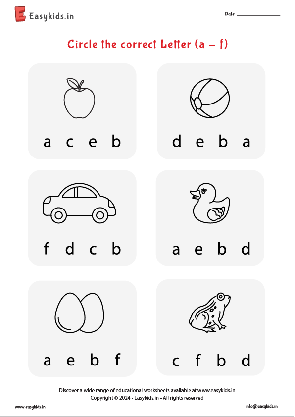 circle the letter worksheet a - f