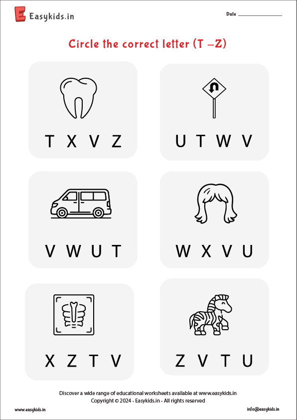 circle the letter worksheet t - z