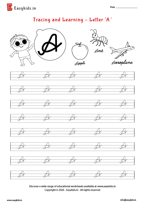 Alphabet tracing worksheets - Capital cursive A