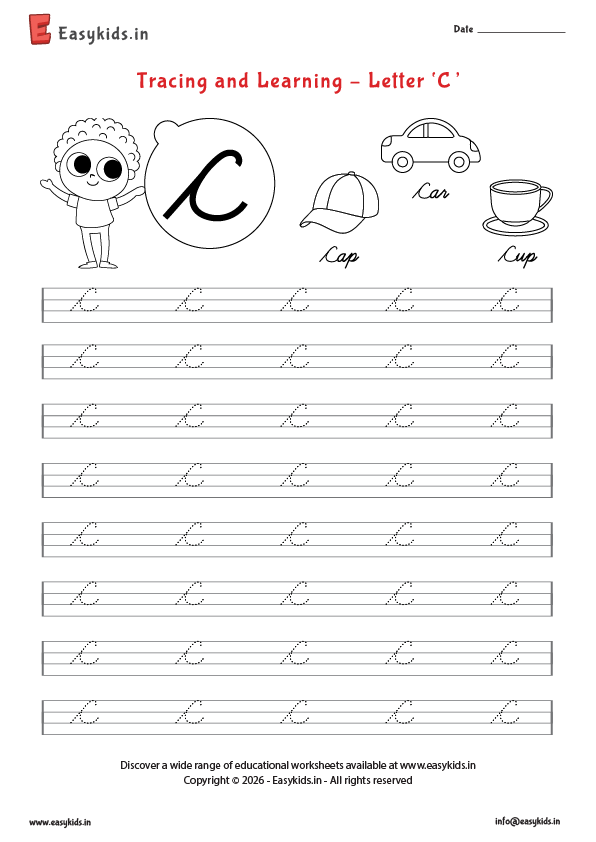 Alphabet tracing worksheets - Capital cursive C