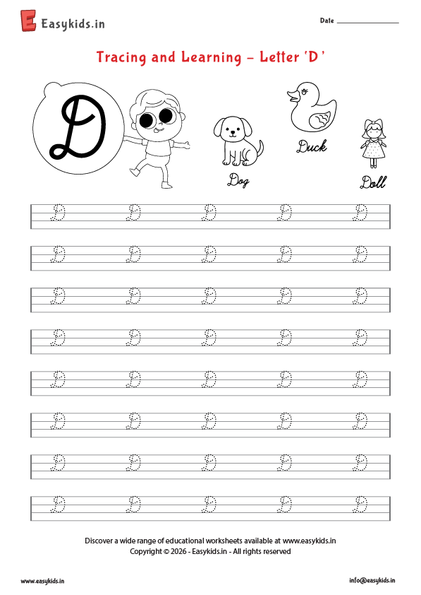 Alphabet tracing worksheets - Capital cursive D