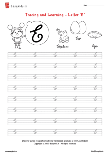Alphabet tracing worksheets – Capital cursive E