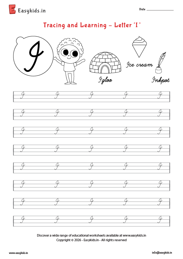 Alphabet tracing worksheets - Capital cursive I