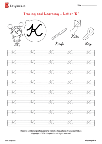 Alphabet tracing worksheets – Capital cursive K