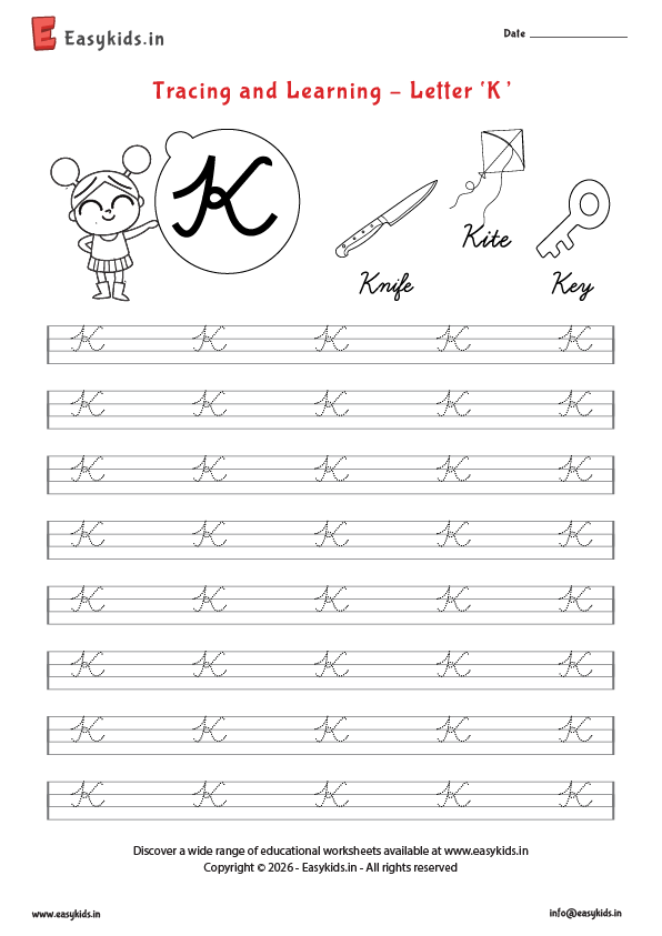 Alphabet tracing worksheets - Capital cursive K