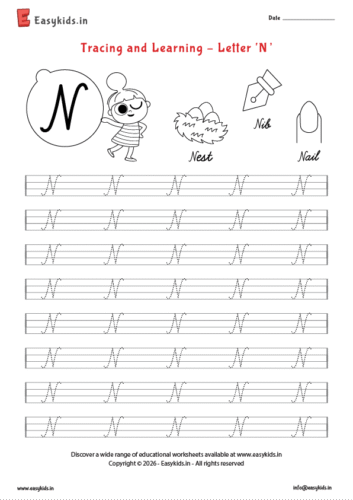 Alphabet tracing worksheets – Capital cursive N