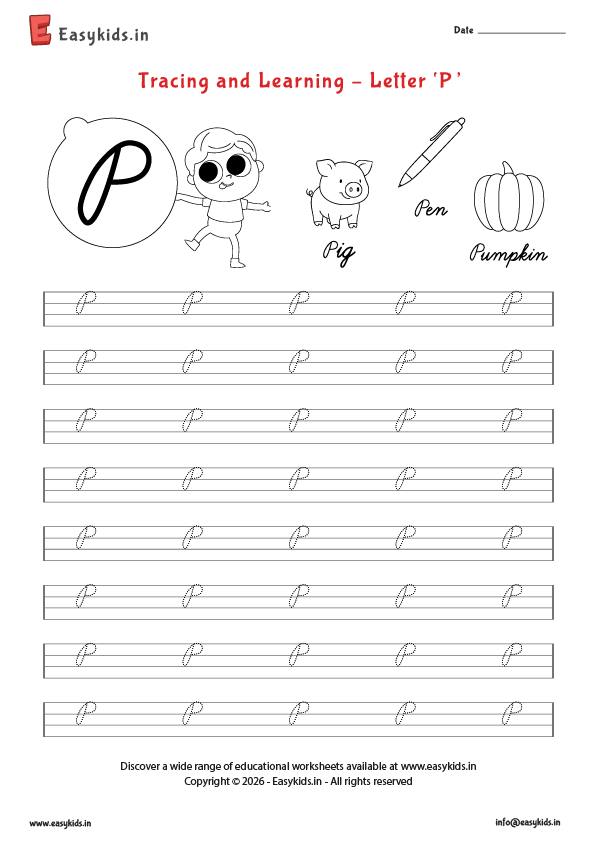 Alphabet tracing worksheets - Capital cursive P