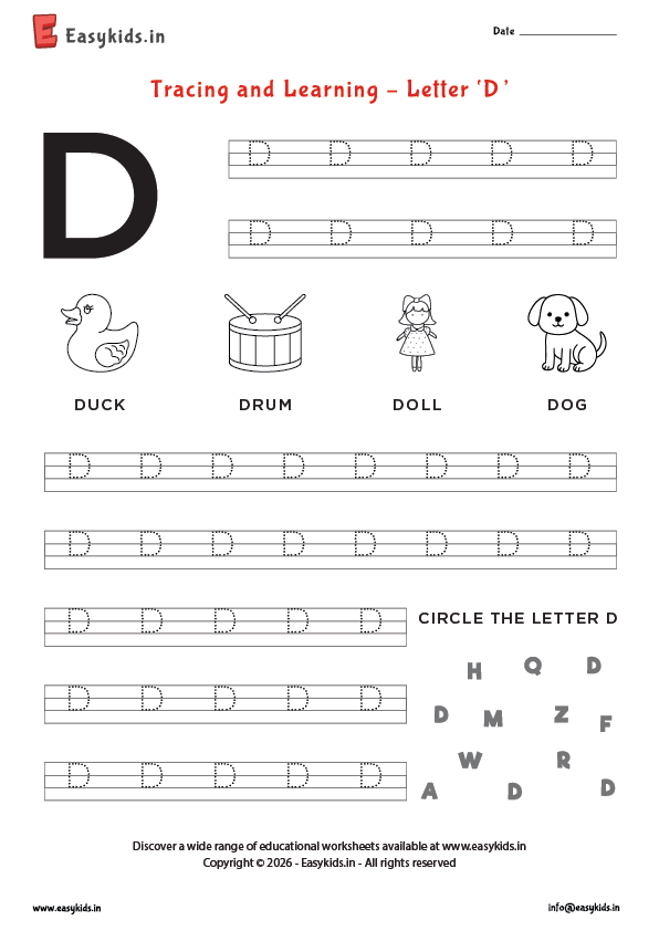 Alphabet tracing worksheets - Capital letter D