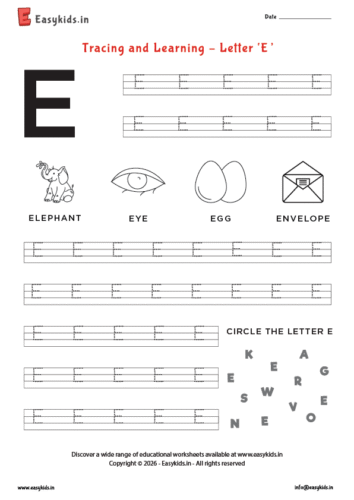 Alphabet tracing worksheets – Capital letter E