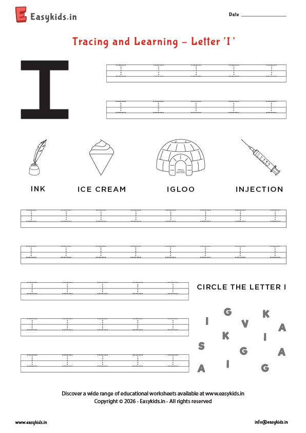 Alphabet tracing worksheets - Capital letter I