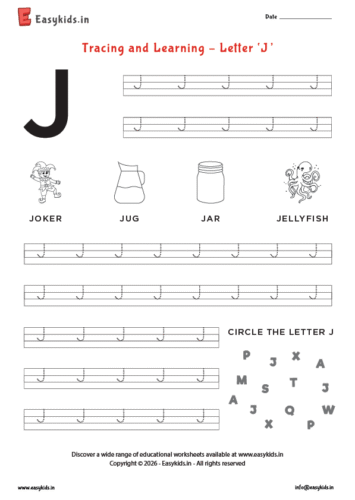 Alphabet tracing worksheets – Capital letter J