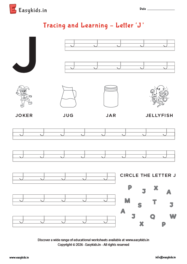 Alphabet tracing worksheets - Capital letter J