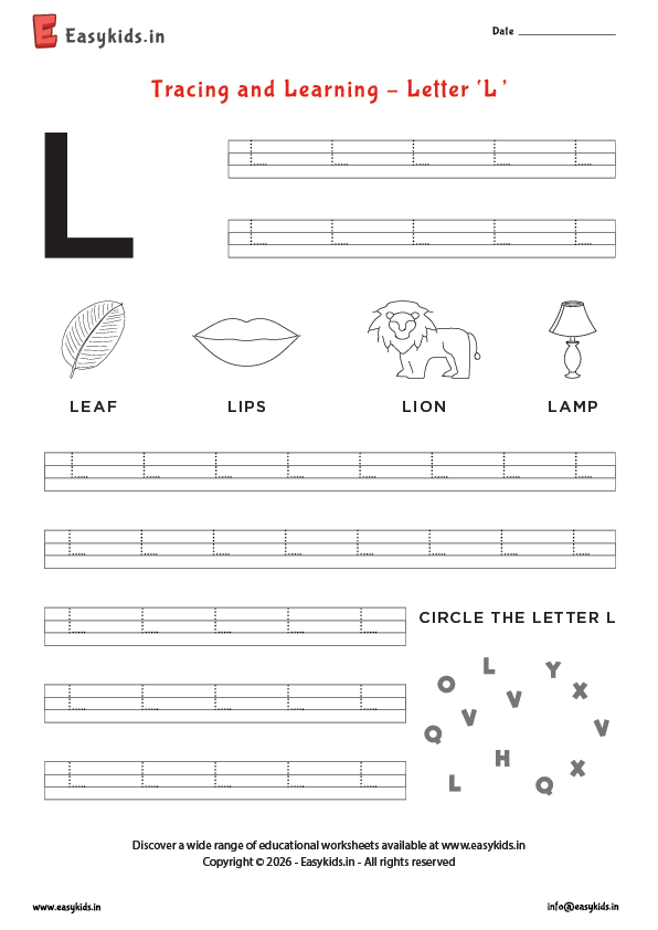 Alphabet tracing worksheets - Capital letter L