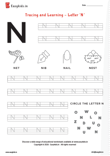 Alphabet tracing worksheets – Capital letter N