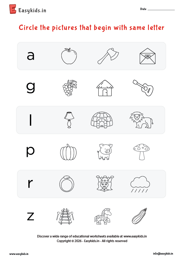 Circle the two pictures with same Letter a - z