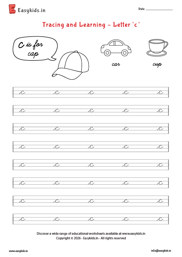 Letter tracing worksheets - cursive c