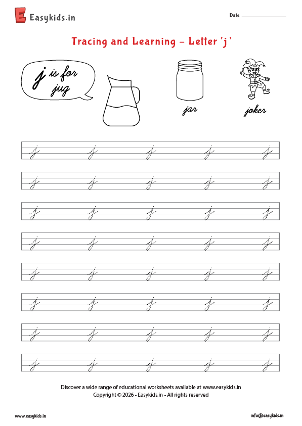 Letter tracing worksheets - cursive j