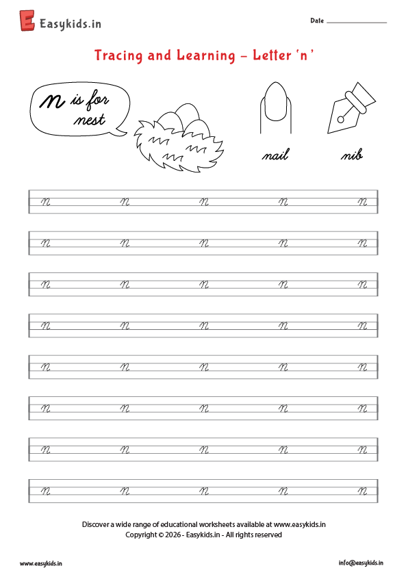 Letter tracing worksheets - cursive n