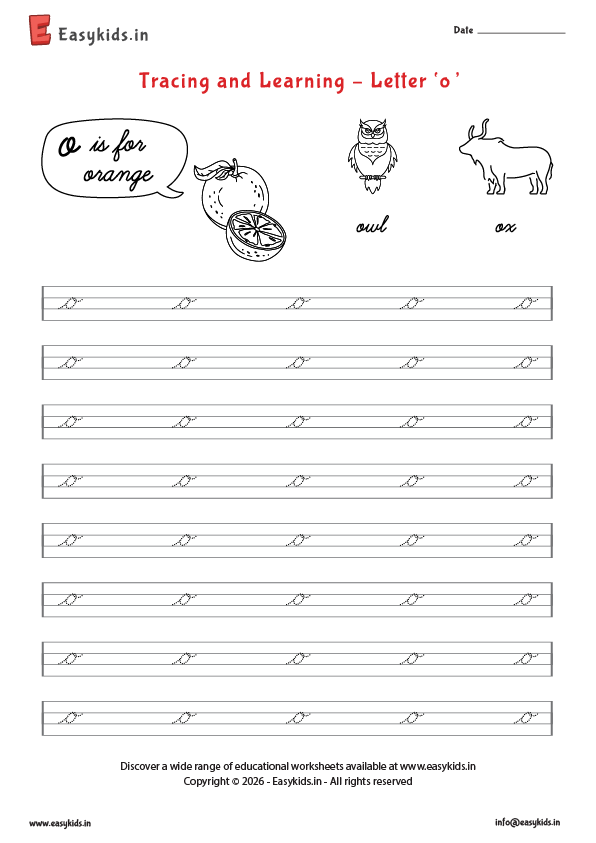 Letter tracing worksheets - cursive o